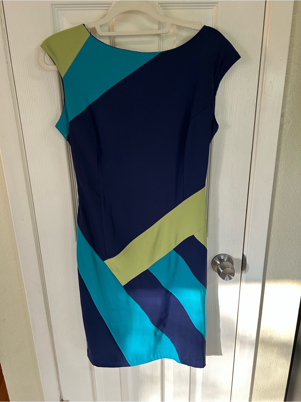 Signature by Sangria Navy Sheath Dress with Teal & Lime Panels
